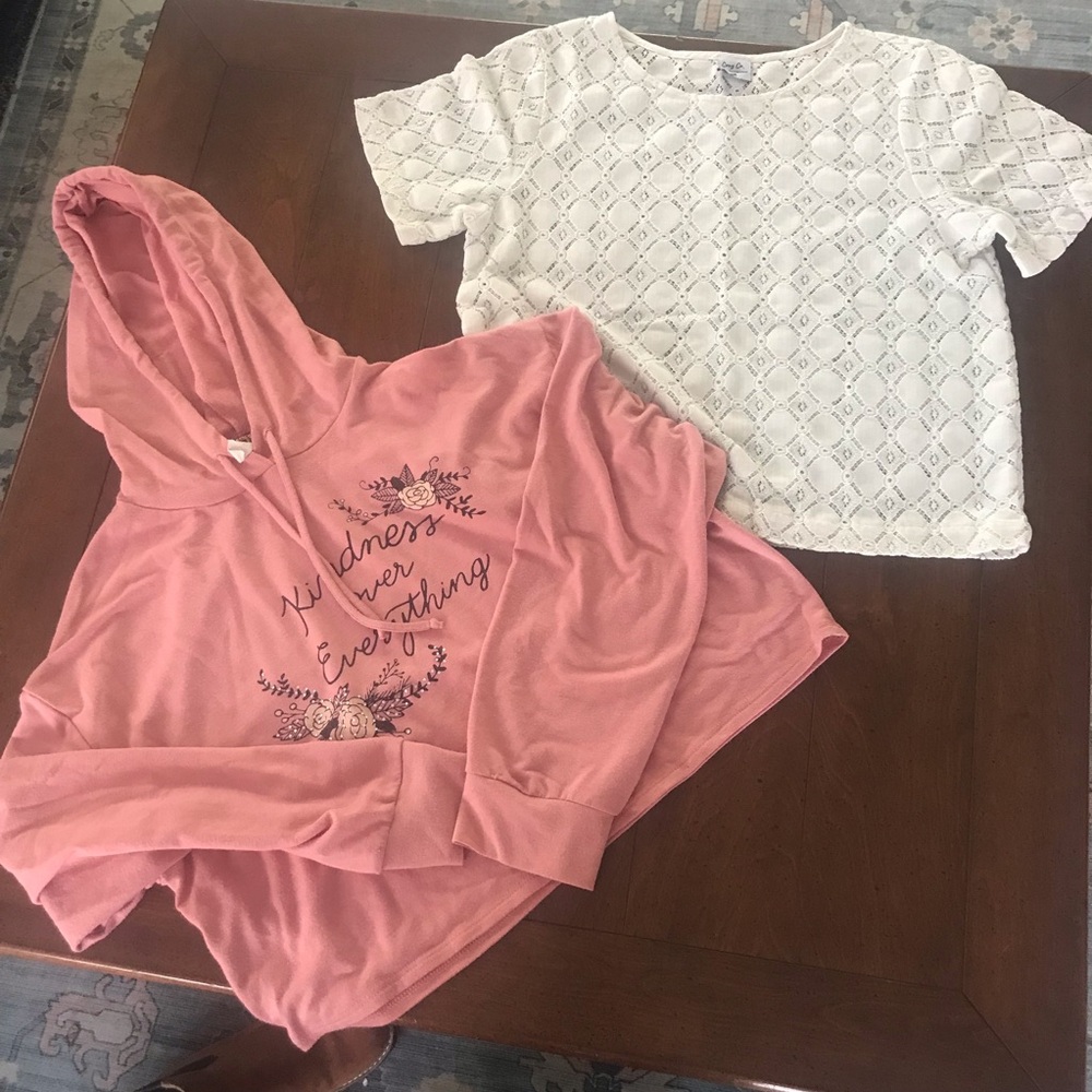 Pink Graphic Hoodie and White Textured Top-Lot of 2